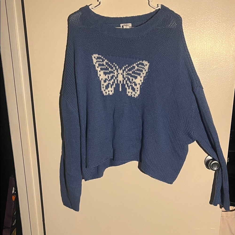 Rue21 Blue Sweater with White Butterfly